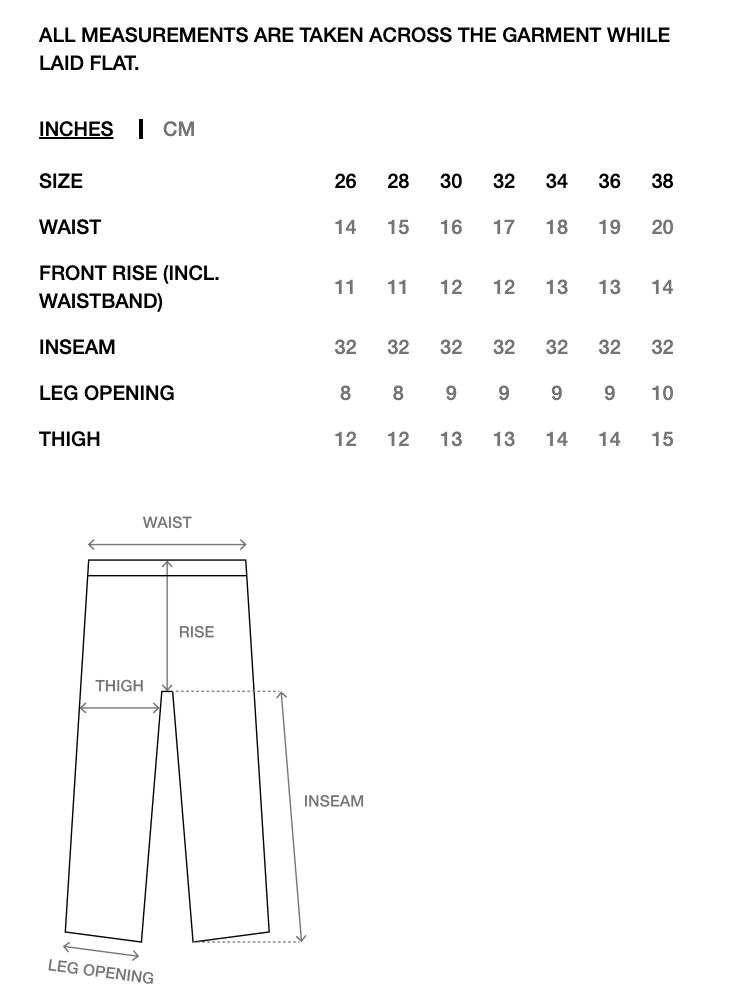 A sizing and measurement chart for pants showing waist, front rise, inseam, leg opening, and thigh measurements in inches and centimeters, with a simple line drawing of the garment labeled with those dimensions.