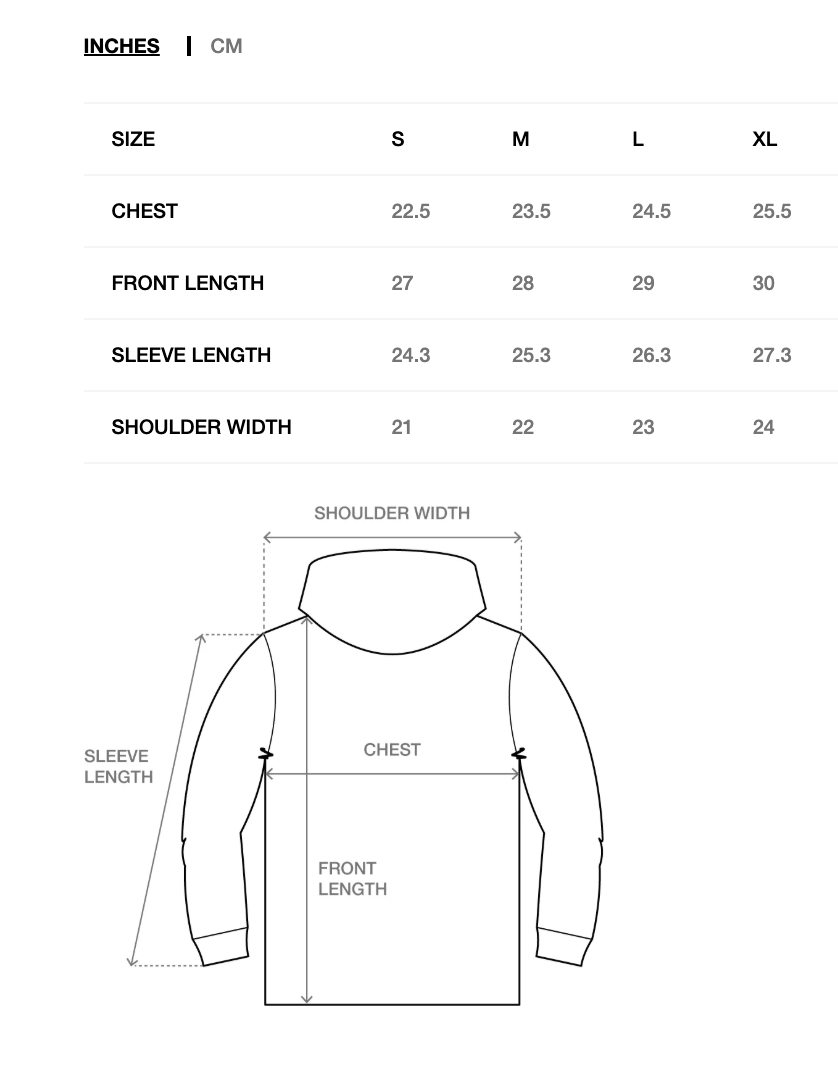 Size chart for a hoodie with measurements in inches and centimeters.