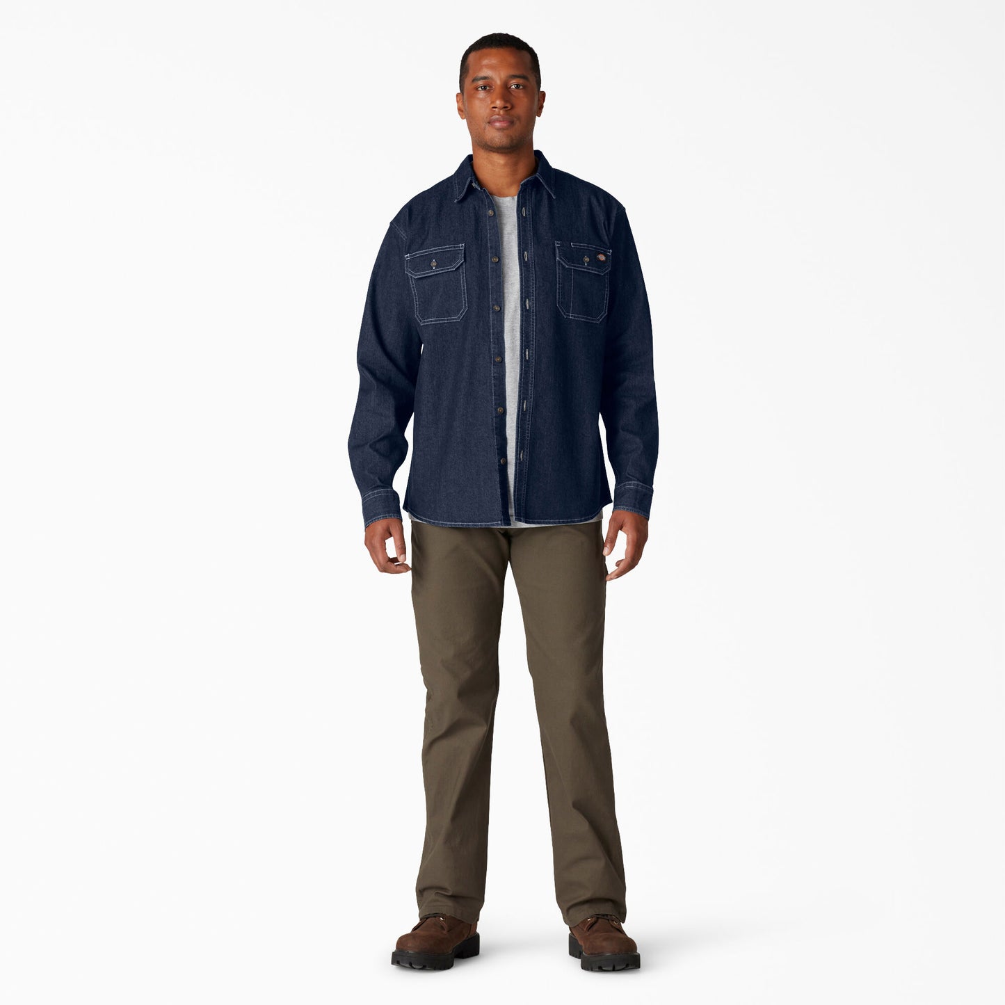 Dickies FLEX Denim Long Sleeve Shirt: Dark Denim Wash