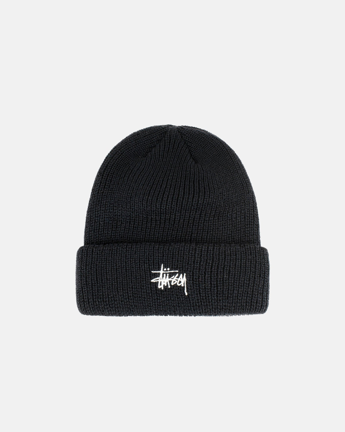 Black beanie with a white logo on a light gray background