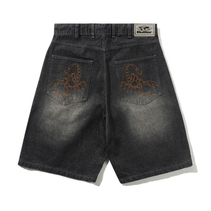 Butter Scorpion Stitch Denim Shorts: Slub Black