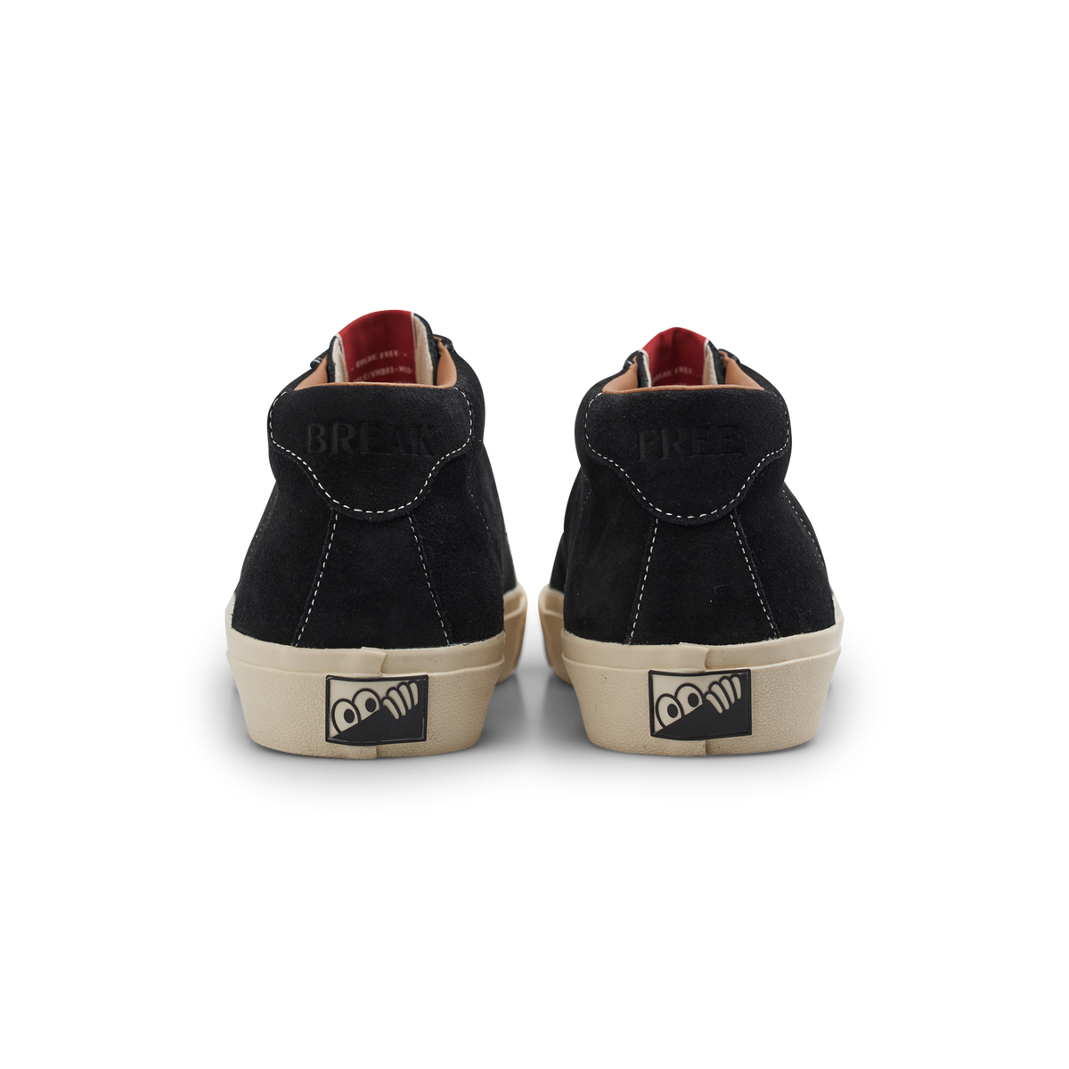 Black high-top sneakers with brand logo on a white background