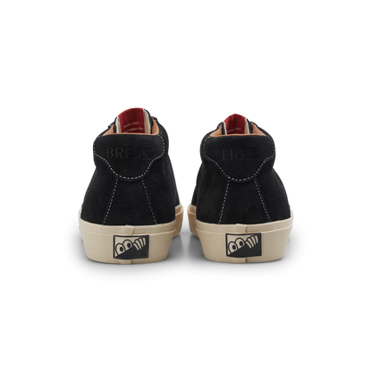 Black high-top sneakers with brand logo on a white background