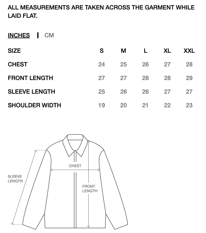 Measurement chart for a long-sleeve collared garment, showing a size table in inches and centimeters from S to XXL with chest, front length, sleeve length, and shoulder width, plus a simple line drawing of the garment with measurement arrows.