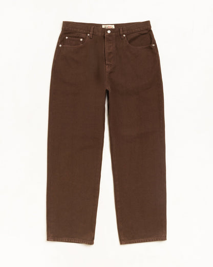 A pair of dark brown straight-leg denim jeans laid flat against a clean white background.