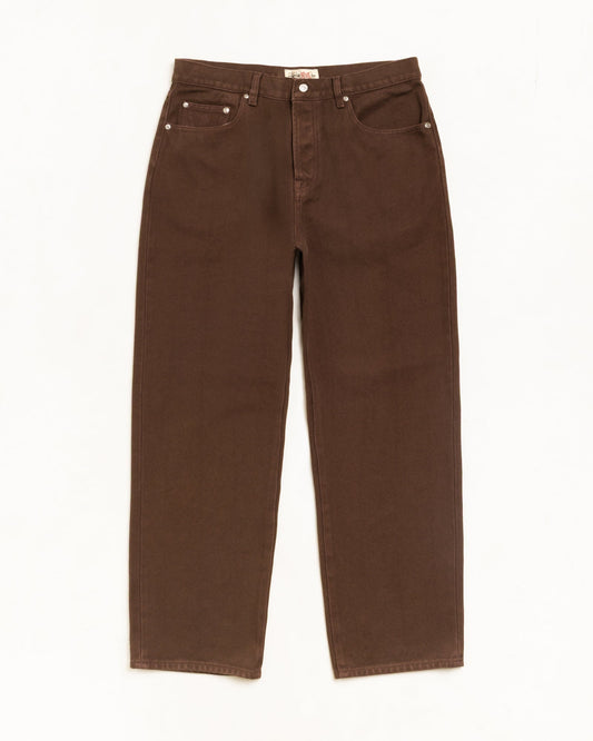 A pair of dark brown straight-leg denim jeans laid flat against a clean white background.