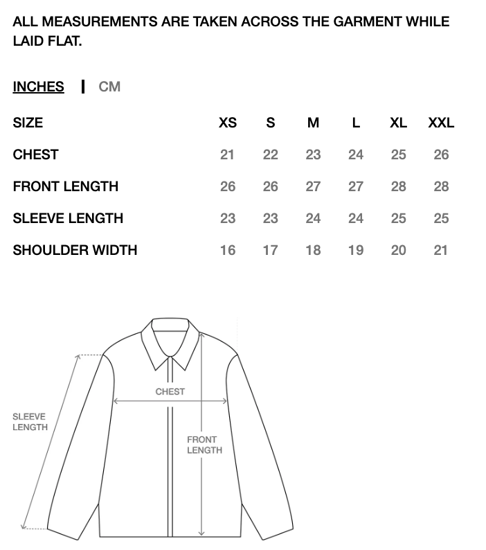 Measurement chart for a long-sleeve collared garment, showing a size table in inches and centimeters from XS to XXL with chest, front length, sleeve length, and shoulder width measurements, plus a simple line drawing of the garment with labeled dimensions.