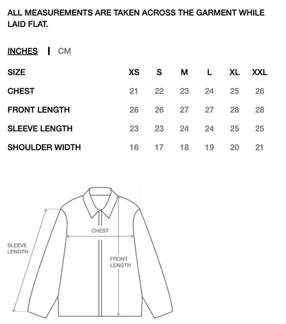 Measurement chart for a long-sleeve collared garment, showing a size table in inches and centimeters from XS to XXL with chest, front length, sleeve length, and shoulder width measurements, plus a simple line drawing of the garment with labeled dimensions.