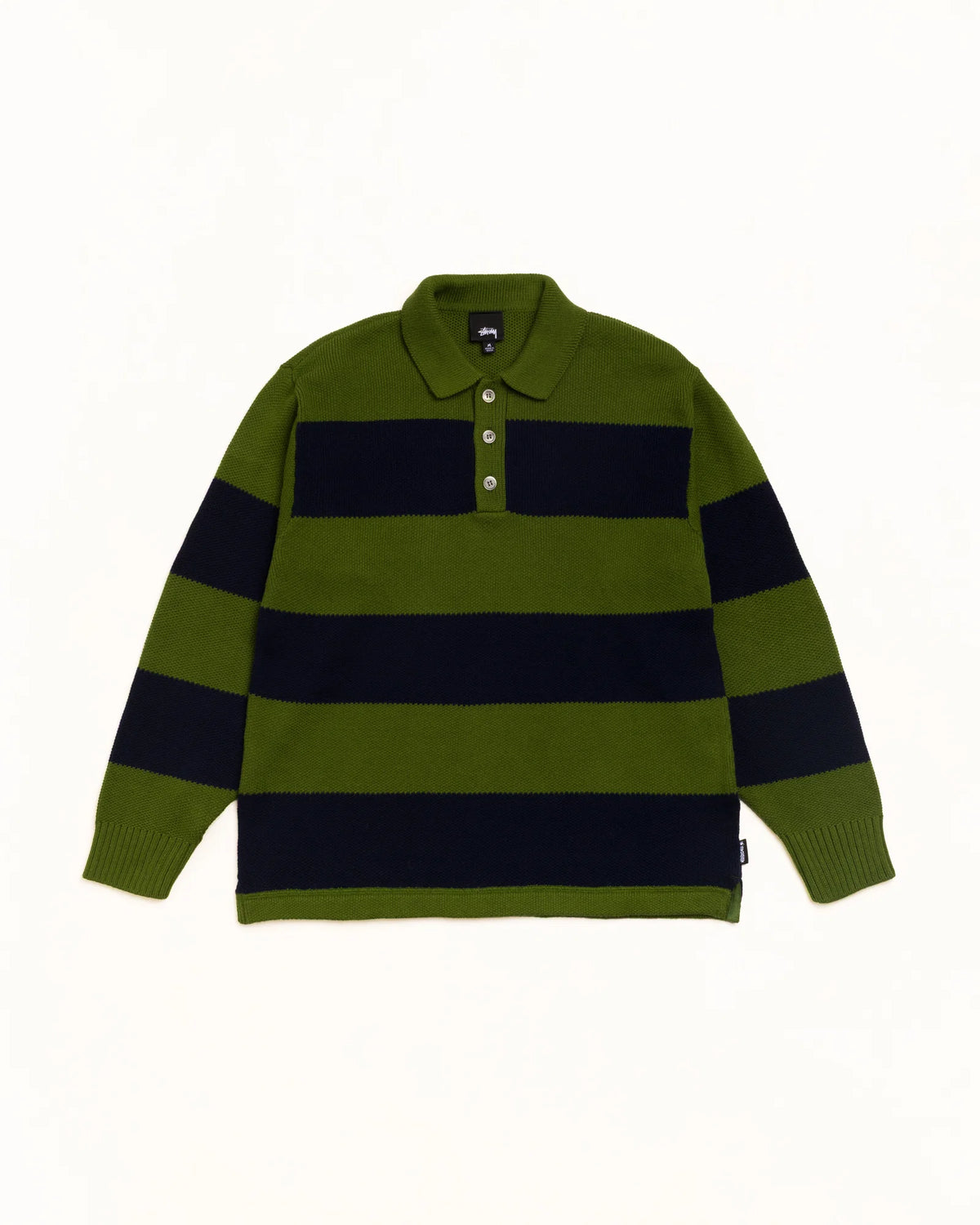 A green and navy blue striped knit polo sweater with a three-button placket, laid flat against a white background.