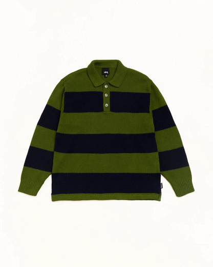 A green and navy blue striped knit polo sweater with a three-button placket, laid flat against a white background.