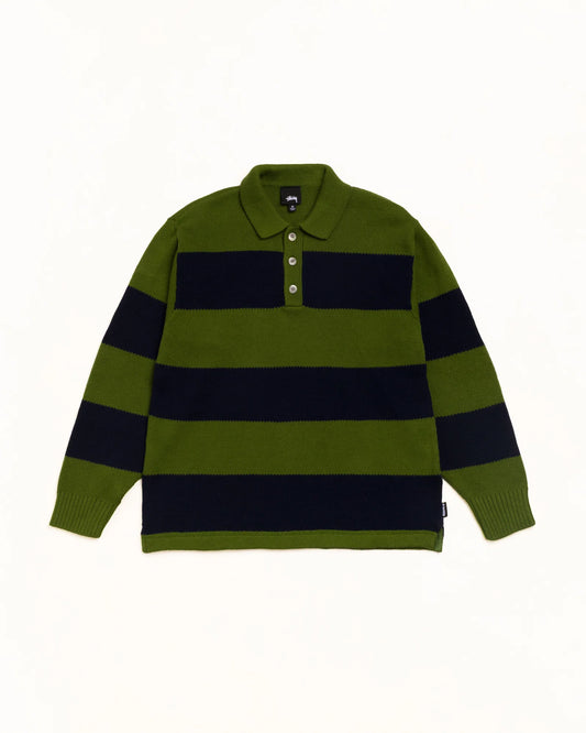 A green and navy blue striped knit polo sweater with a three-button placket, laid flat against a white background.