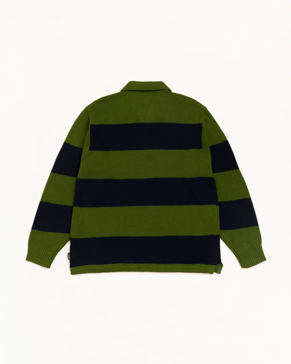 A green and navy blue horizontally striped long-sleeve knit polo shirt shown from the back, laid flat against a clean white background.