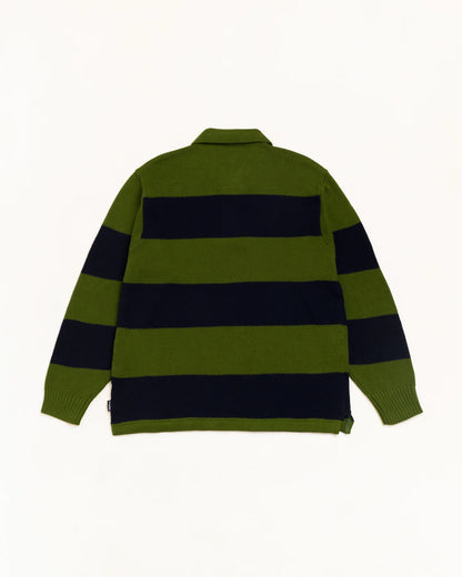 A green and navy blue horizontally striped long-sleeve knit polo shirt shown from the back, laid flat against a clean white background.