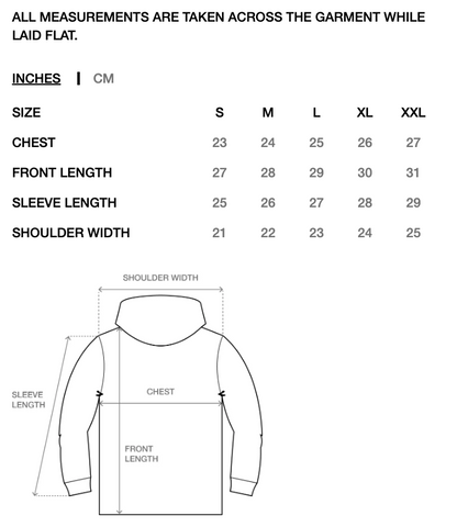 Measurement chart for a garment showing size S through XXL with chest, front length, sleeve length, and shoulder width in inches and centimeters, plus a simple line drawing of a long-sleeve top with labeled dimensions.