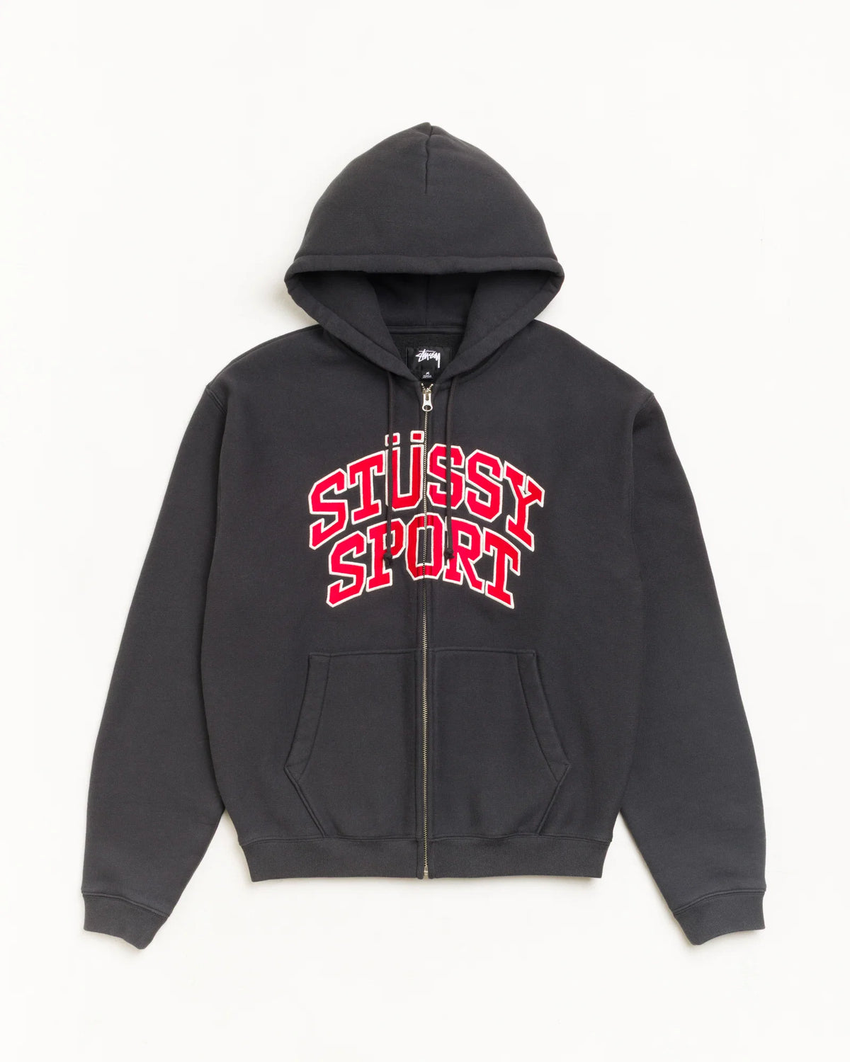 A dark gray zip-up hoodie with 'STÜSSY SPORT' printed in red and white arched lettering on the chest, displayed against a plain white background.