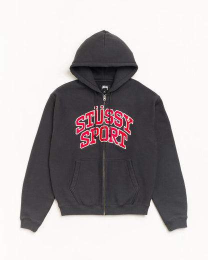 A dark gray zip-up hoodie with 'STÜSSY SPORT' printed in red and white arched lettering on the chest, displayed against a plain white background.