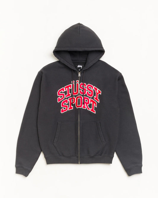 A dark gray zip-up hoodie with 'STÜSSY SPORT' printed in red and white arched lettering on the chest, displayed against a plain white background.