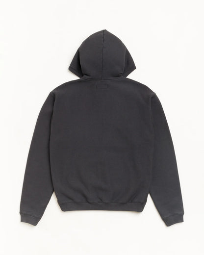 A dark charcoal gray hoodie shown from the back, laid flat against a clean white background.
