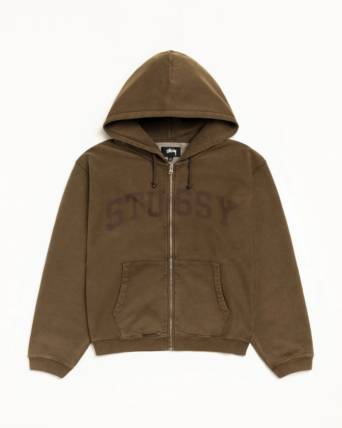 A brown zip-up hoodie with 'STUSSY' printed across the chest in a darker brown tone, displayed flat against a white background.