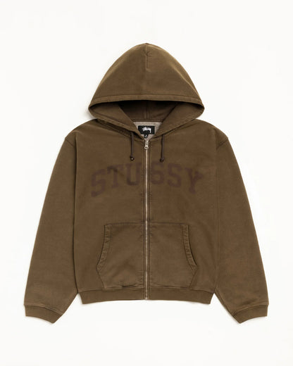 A brown zip-up hoodie with 'STUSSY' printed across the chest in a darker brown tone, displayed flat against a white background.