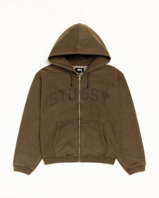 A brown zip-up hoodie with 'STUSSY' printed across the chest in a darker brown tone, displayed flat against a white background.