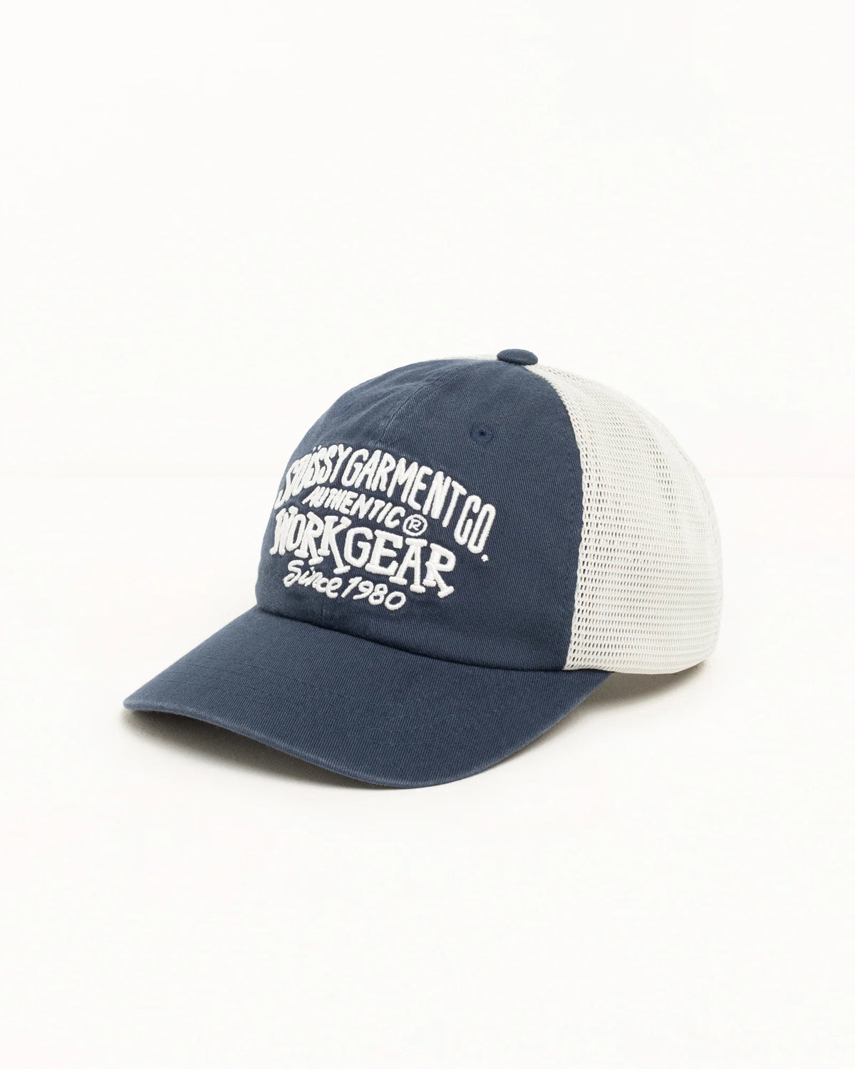 Navy and white cap with text on a white background