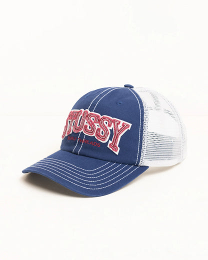 Blue and white cap with red text on a white background