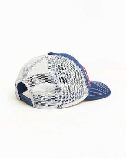 Blue and white mesh cap on a white background