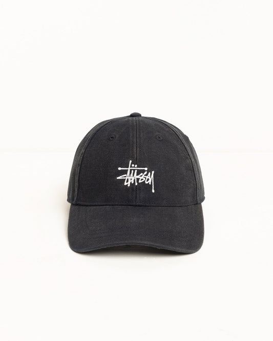 Black cap with white logo on a white background