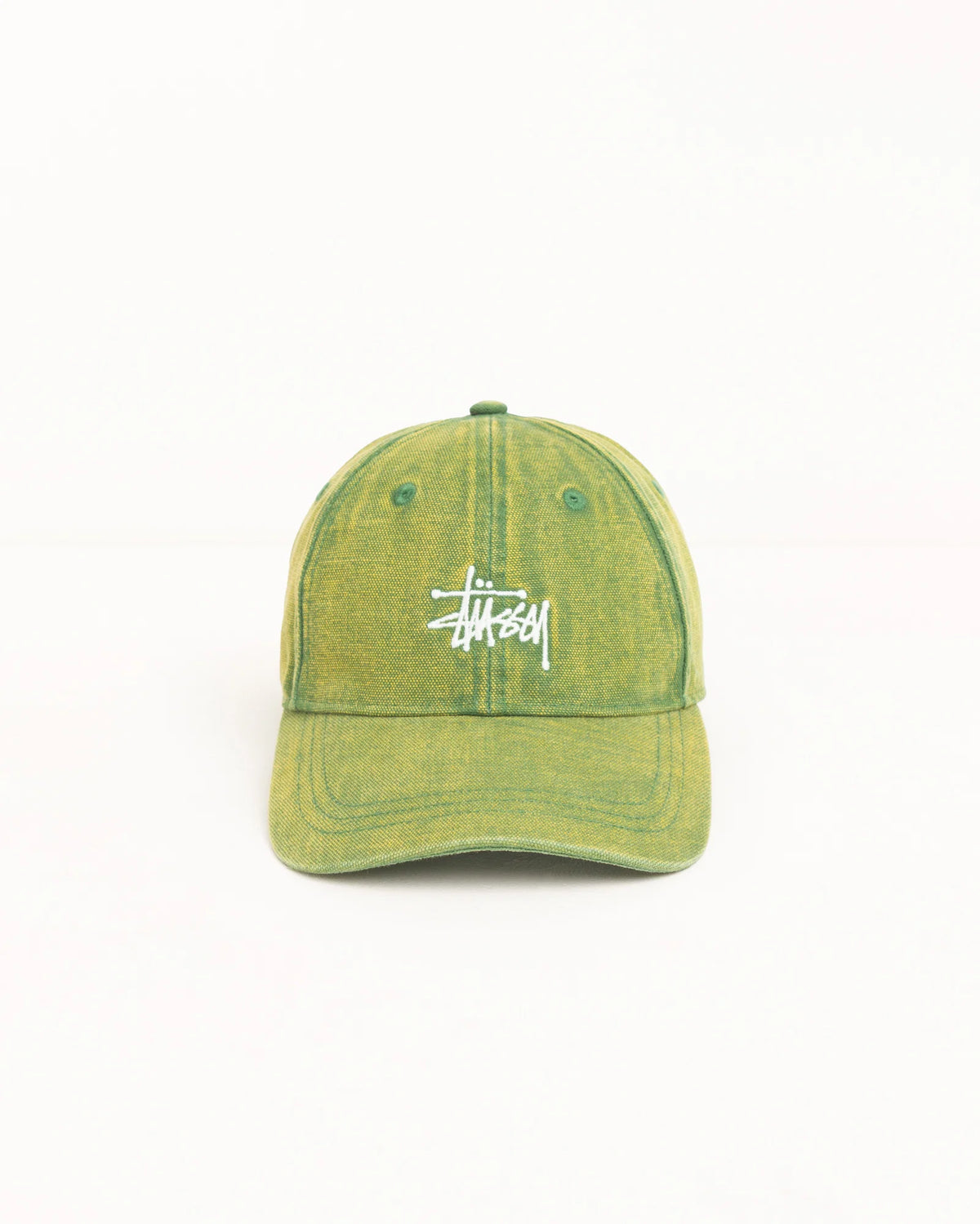 A Stüssy baseball cap in a washed olive green color with the brand's signature white logo embroidered on the front, set against a plain white background.