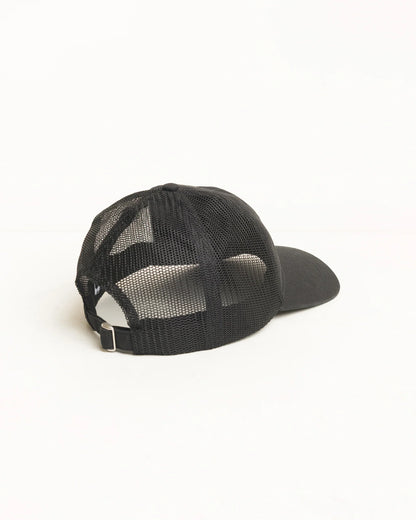 A black trucker-style cap with a black mesh back and solid black curved brim, photographed from the side against a clean white background.
