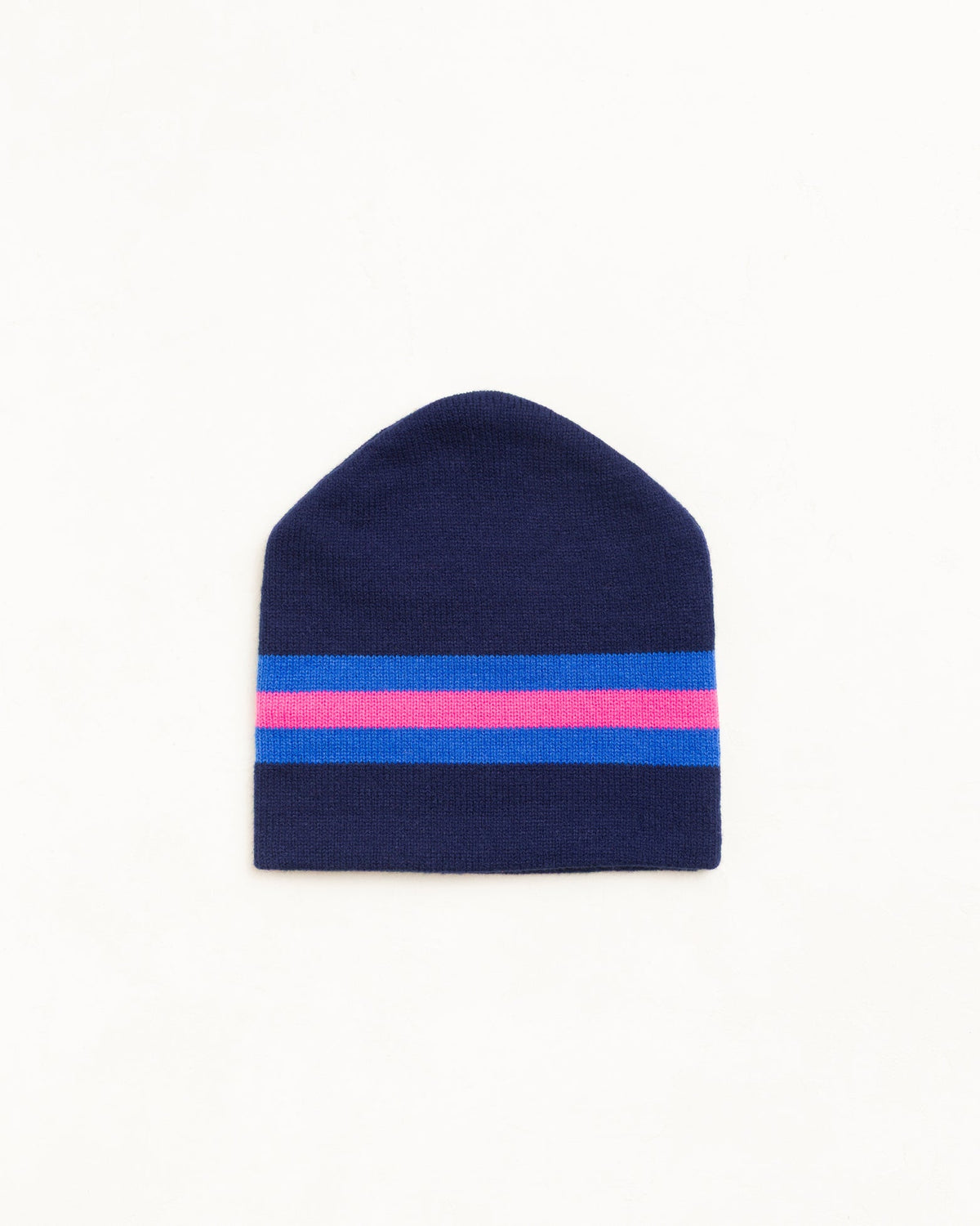 A navy blue knit beanie hat featuring two horizontal stripes near the brim, one in blue and one in pink, shown against a plain white background.