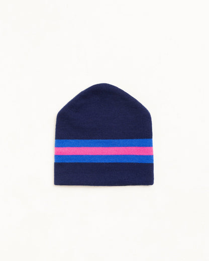A navy blue knit beanie hat featuring two horizontal stripes near the brim, one in blue and one in pink, shown against a plain white background.