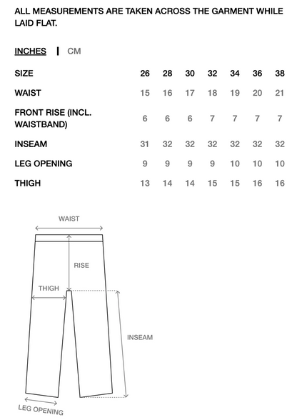 Measurement chart for pants showing waist, front rise, inseam, leg opening, and thigh measurements in inches and centimeters across sizes 26 to 38, with a line drawing of the garment below.