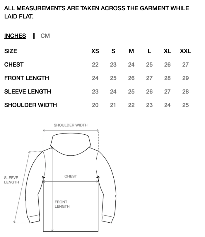 Measurement chart for a hoodie showing size and dimension tables in inches and centimeters, plus a line drawing of the garment with labeled chest, front length, sleeve length, and shoulder width.
