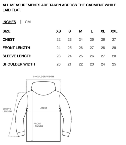 Measurement chart for a hoodie showing size and dimension tables in inches and centimeters, plus a line drawing of the garment with labeled chest, front length, sleeve length, and shoulder width.
