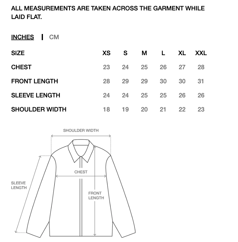 Measurement chart for a long-sleeve collared garment, showing a size table in inches and centimeters forXS through XXL with chest, front length, sleeve length, and shoulder width, plus a line drawing of the garment with measurement arrows.