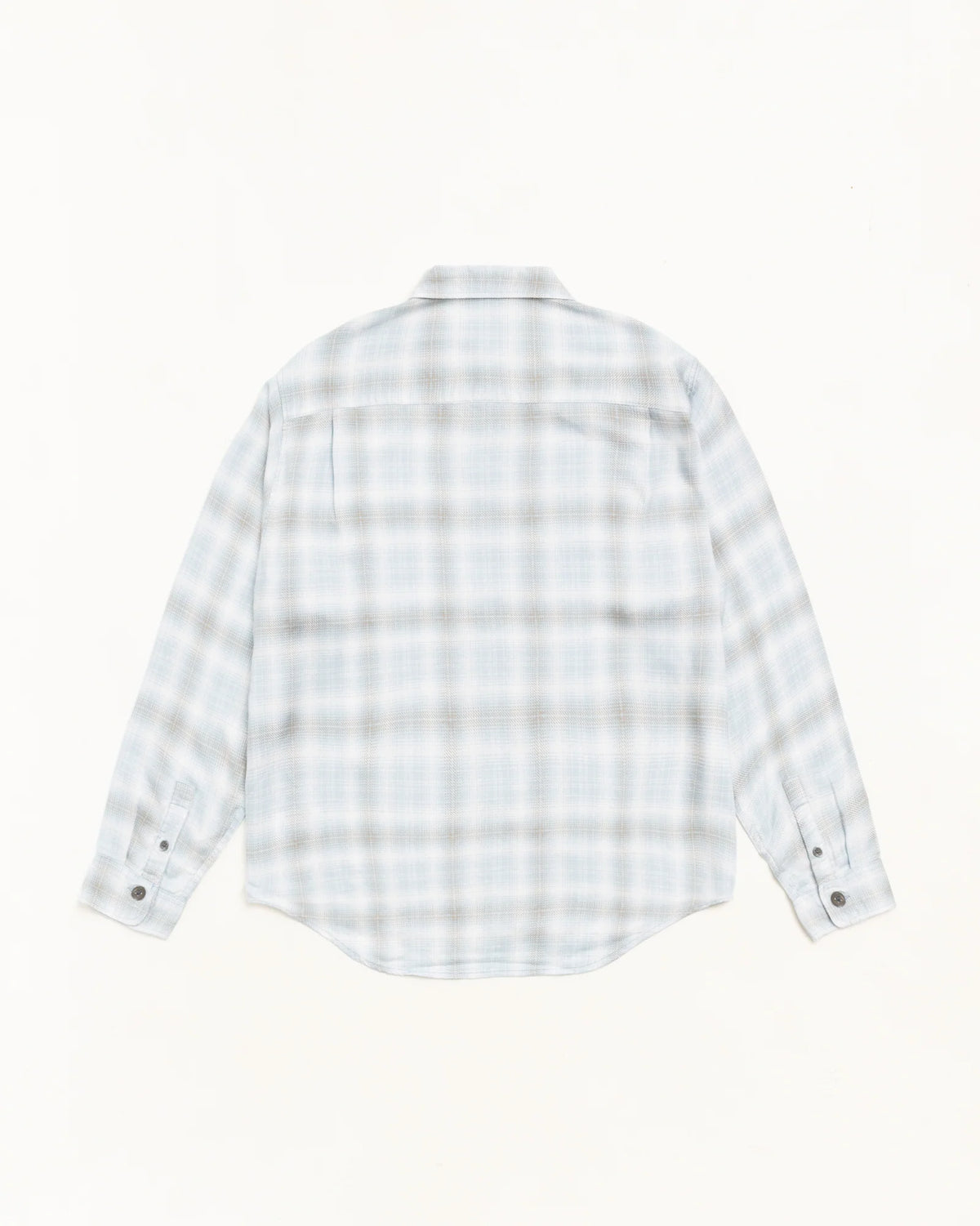 A long-sleeve plaid button-up shirt shown from the back, featuring a light gray and white checkered pattern on a solid off-white background.