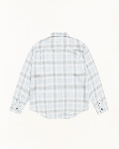 A long-sleeve plaid button-up shirt shown from the back, featuring a light gray and white checkered pattern on a solid off-white background.