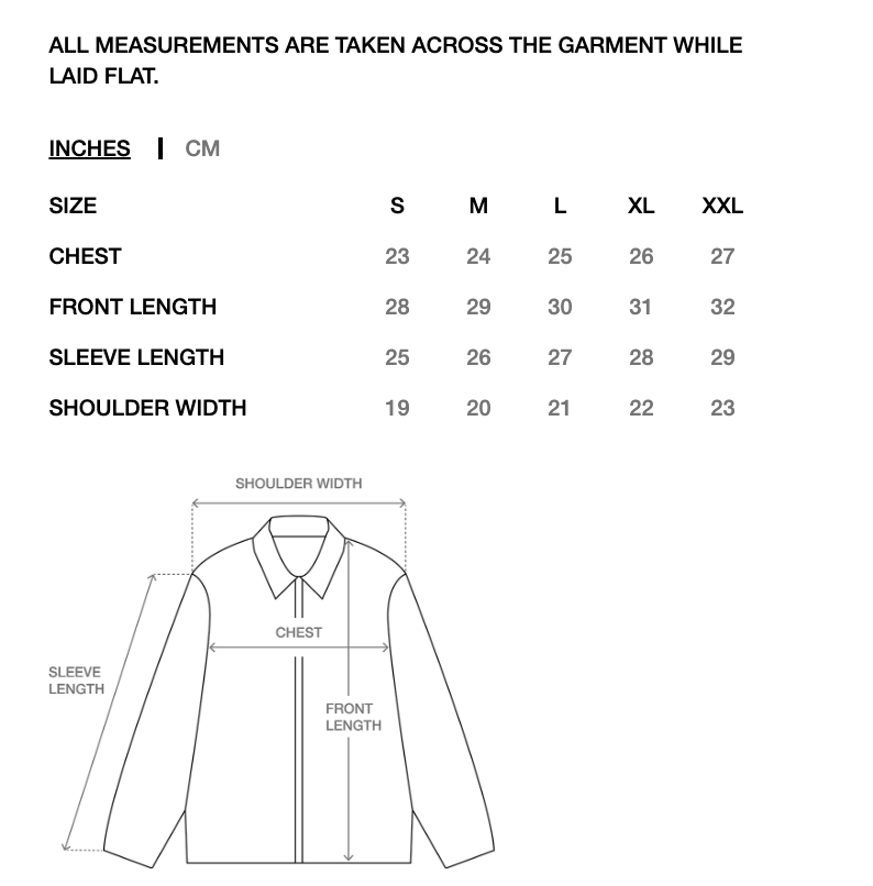 Measurement chart for a long-sleeve collared garment, showing size and cm measurements for chest, front length, sleeve length, and shoulder width from S to XXL, plus a simple line drawing of the garment with labeled dimensions.