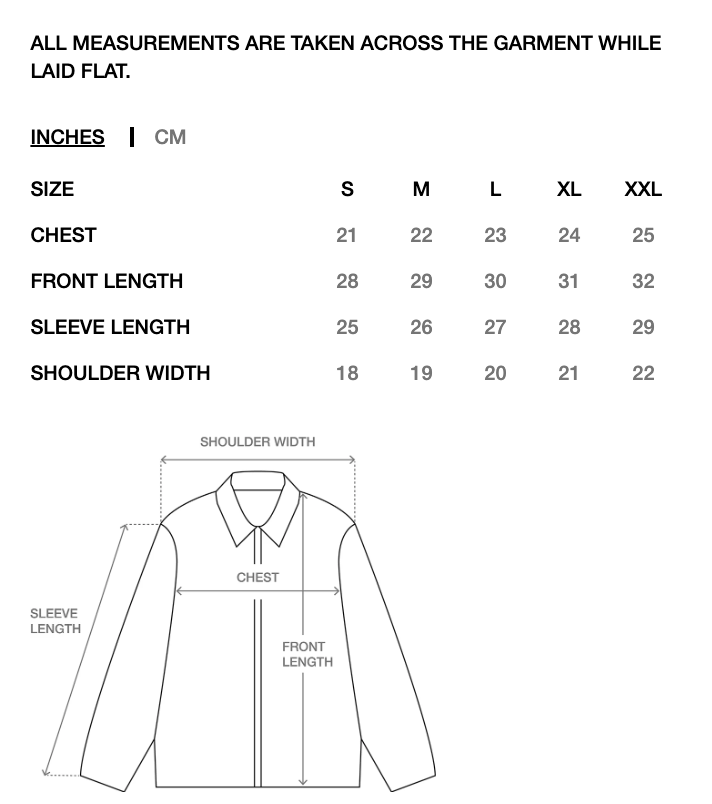 Measurement chart for a long-sleeve collared garment laid flat, showing size information in inches and cm for S, M, L, XL, and XXL with a line drawing of the garment and labeled dimensions.