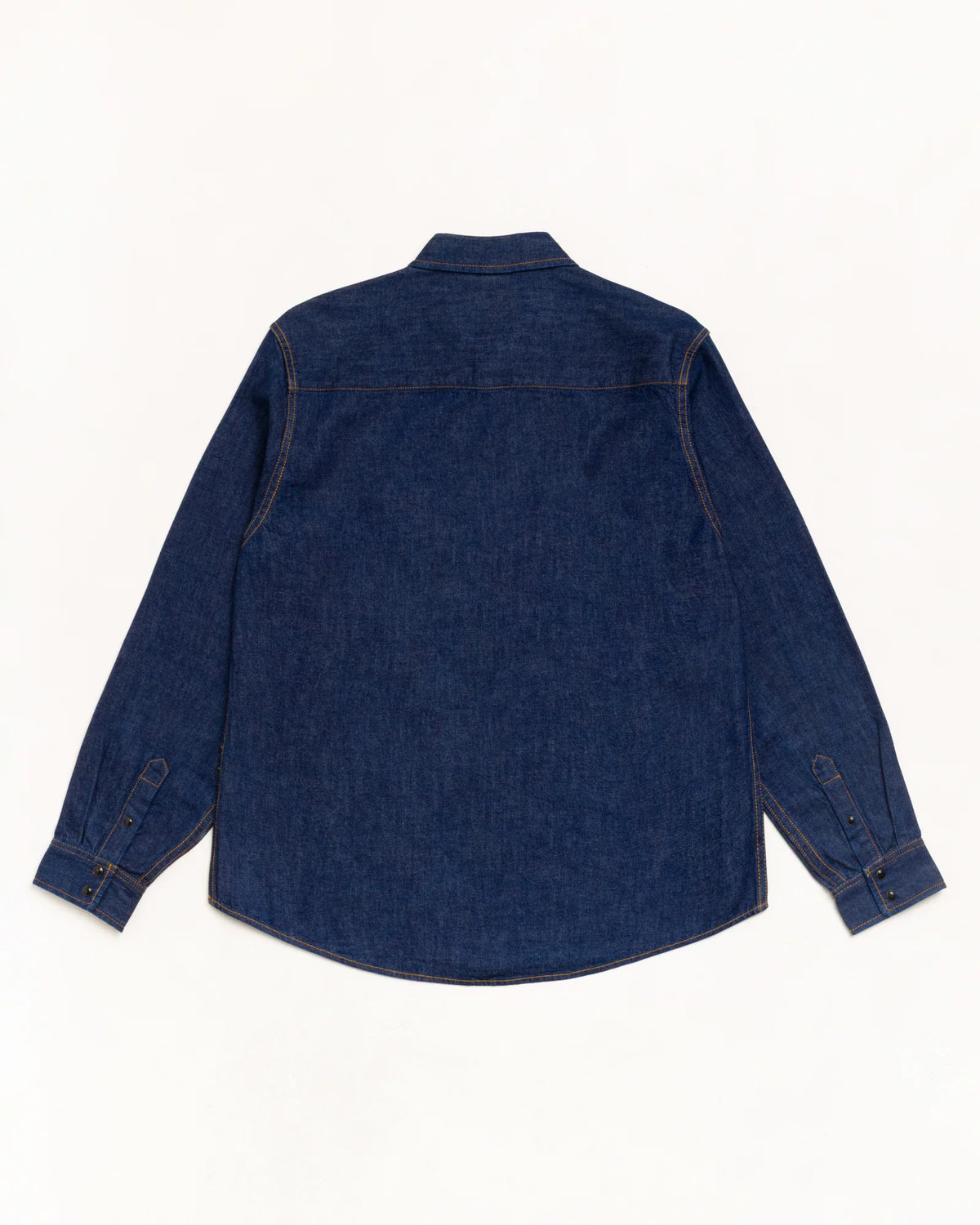 A dark blue denim long-sleeve shirt shown from the back, laid flat against a clean white background.