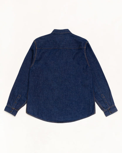 A dark blue denim long-sleeve shirt shown from the back, laid flat against a clean white background.