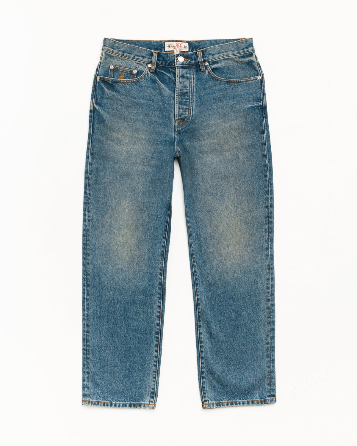 A pair of medium-wash blue denim jeans with a straight-leg fit, laid flat against a clean white background.