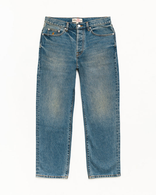 A pair of medium-wash blue denim jeans with a straight-leg fit, laid flat against a clean white background.