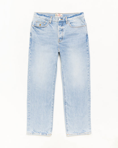 Light wash blue denim jeans with a straight-leg fit, laid flat against a white background.