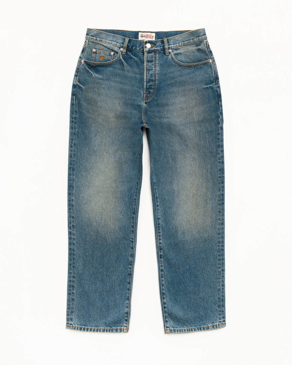 A pair of medium-wash blue denim jeans with a straight-leg fit, laid flat against a clean white background.