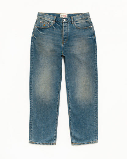 A pair of medium-wash blue denim jeans with a straight-leg fit, laid flat against a clean white background.