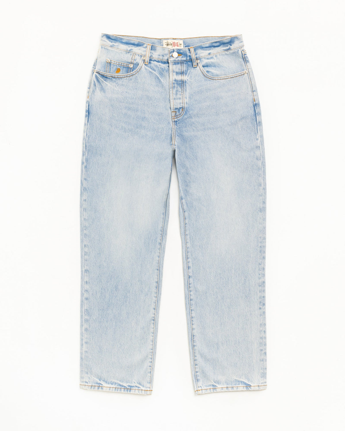 Light wash blue denim jeans with a straight-leg fit, shown flat against a plain white background.