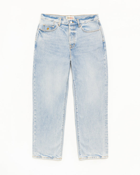 Light wash blue denim jeans with a straight-leg fit, shown flat against a plain white background.